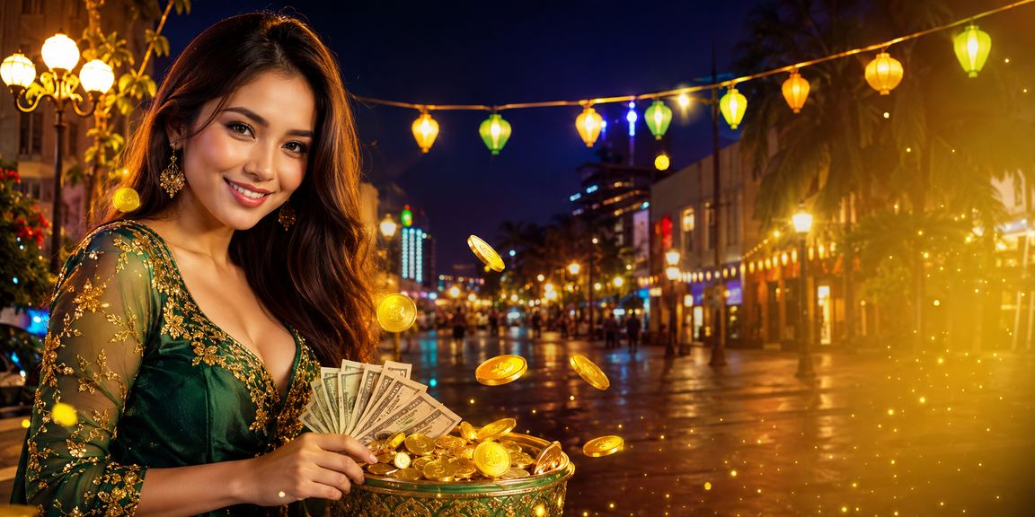 Tampilan promosi cashback dan bonus dengan efek neon berwarna-warni di layar digital