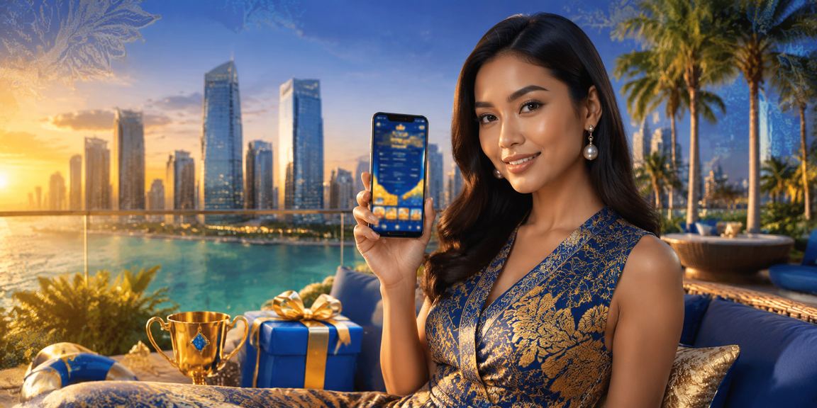 Model perempuan menggunakan smartphone untuk mengakses layanan kasino mobile dengan ekspresi percaya diri