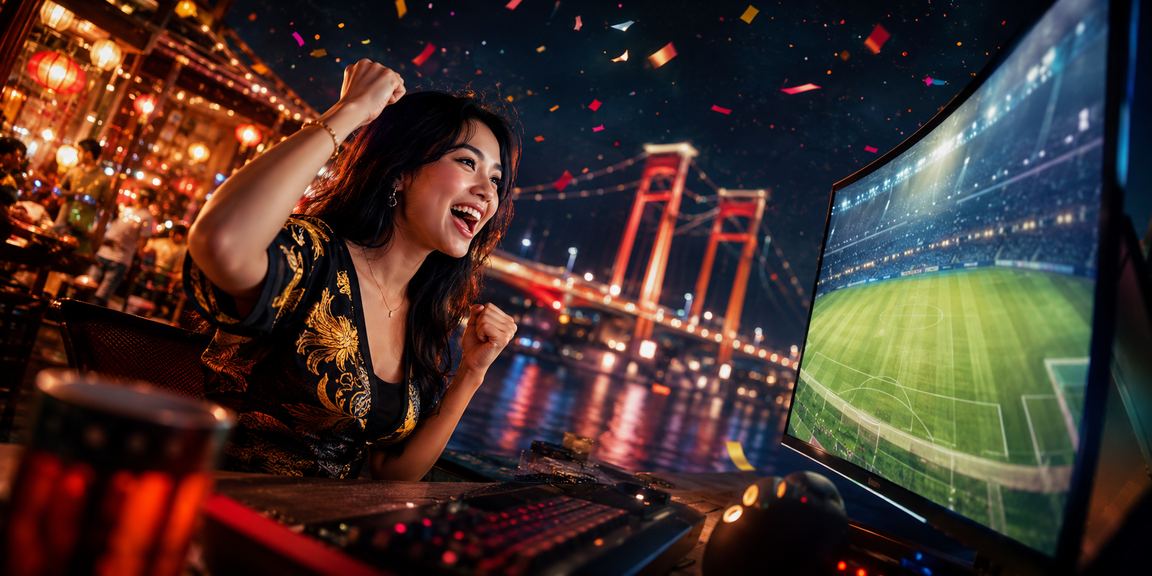 Suasana esports malam hari dengan layar pertandingan di pasar malam Indonesia
