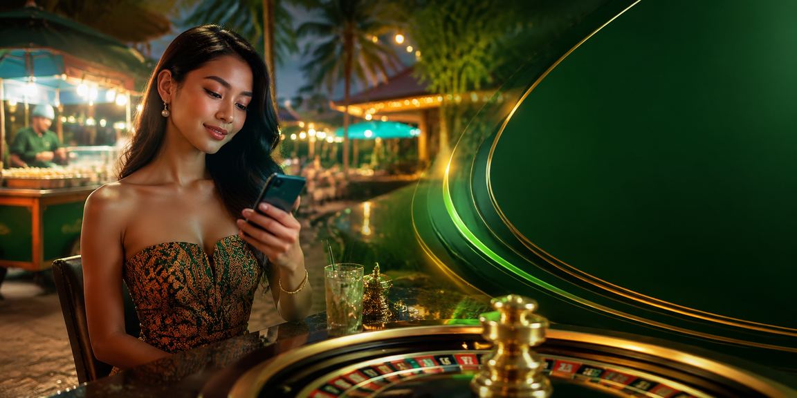 Model berpose elegan di depan meja roulette dengan pencahayaan premium
